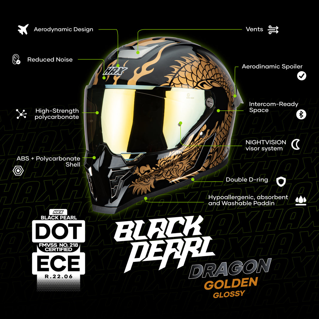 BLACK PEARL DRAGON GOLD HELMET | Glossy Finish
